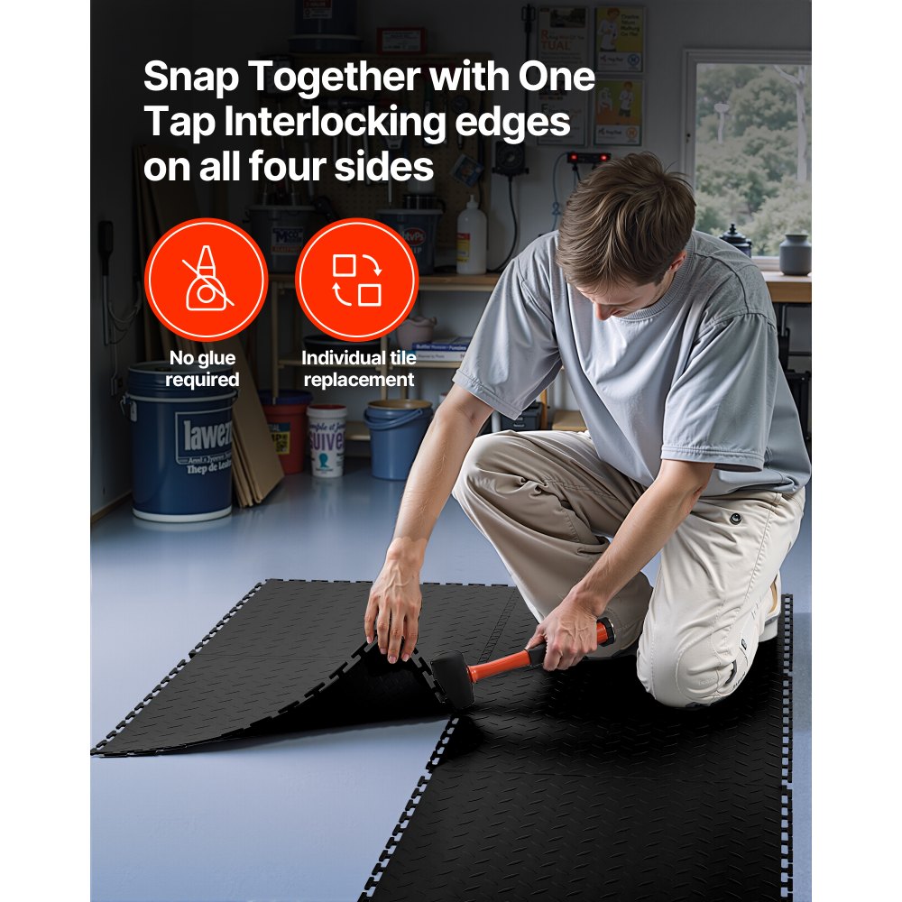 VEVOR Garage Floor Tiles Interlocking, 16 Pack 20.2 x 20.2 x 0.2 in Interlocking Modular Garage Flooring Tiles, Diamond Plate Slip-Resistant PVC Mats for Workshop,Warehouse,Tool Room, Black