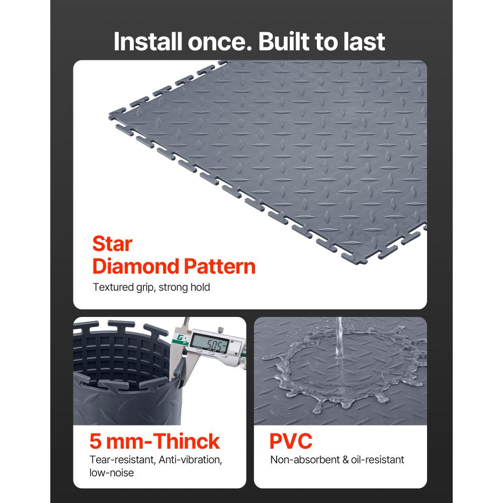 VEVOR Garage Floor Tiles Interlocking, 8 Pack 20.2 x 20.2 x 0.2 in Interlocking Modular Garage Flooring Tiles, Diamond Plate Slip-Resistant PVC Mats for Workshop,Warehouse,Tool Room, Graphite Gray