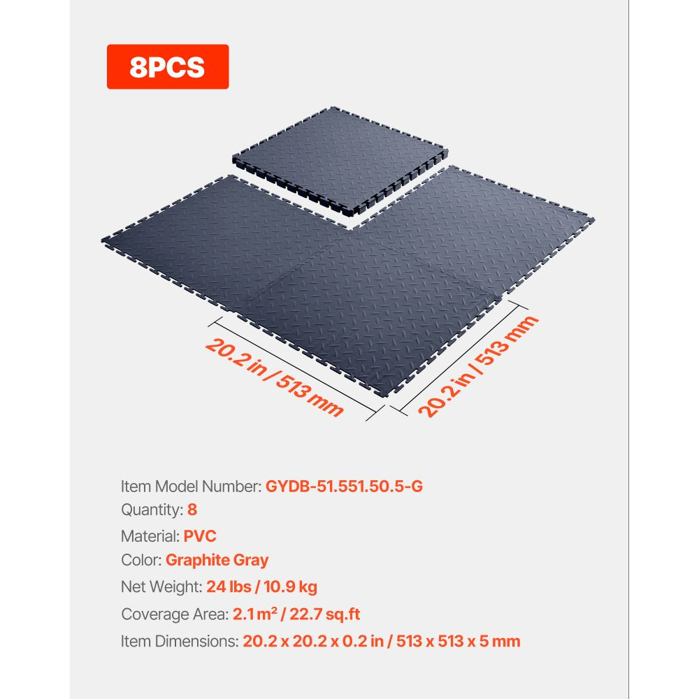 VEVOR Garage Floor Tiles Interlocking, 8 Pack 20.2 x 20.2 x 0.2 in Interlocking Modular Garage Flooring Tiles, Diamond Plate Slip-Resistant PVC Mats for Workshop,Warehouse,Tool Room, Graphite Gray