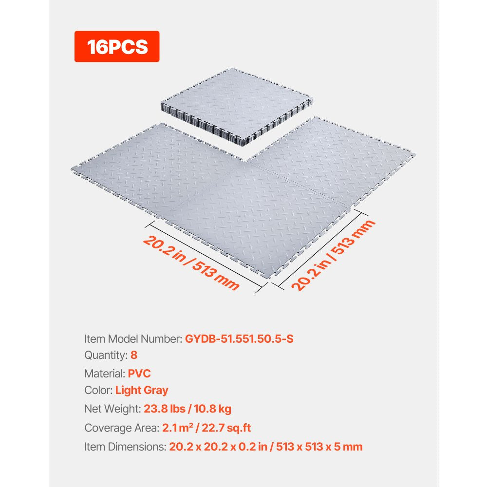 VEVOR Garage Floor Tiles Interlocking, 8 Pack 20.2 x 20.2 x 0.2 in Interlocking Modular Garage Flooring Tiles, Diamond Plate Slip-Resistant PVC Mats for Workshop,Warehouse,Tool Room, Silver