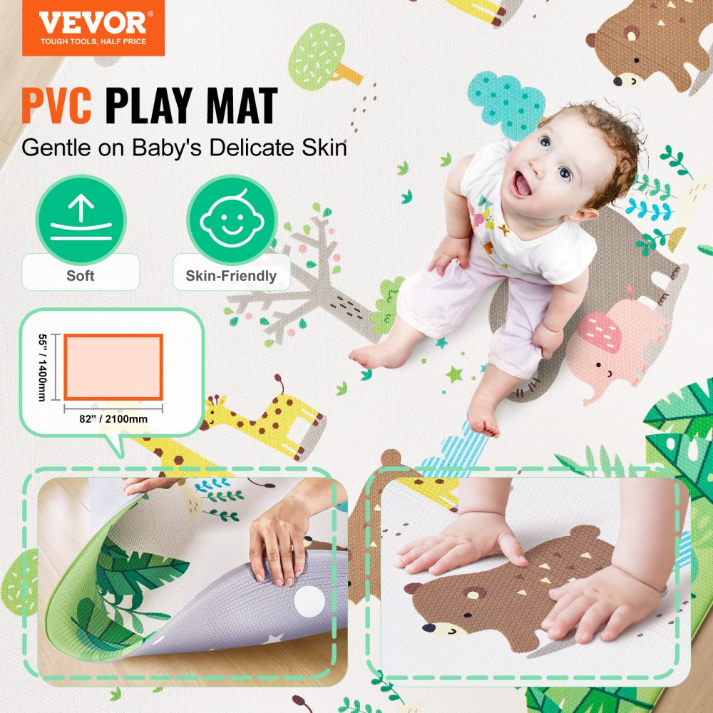VEVOR Baby Play Mat, 55""x82"" Baby Crawling Mat, Non-Slip One-Piece Soft Cushioned Baby Playmatt, Rollable Reversible Floor Mat, Waterproof Activity Mat, for Babies Toddlers Infants, Play & Tummy Time
