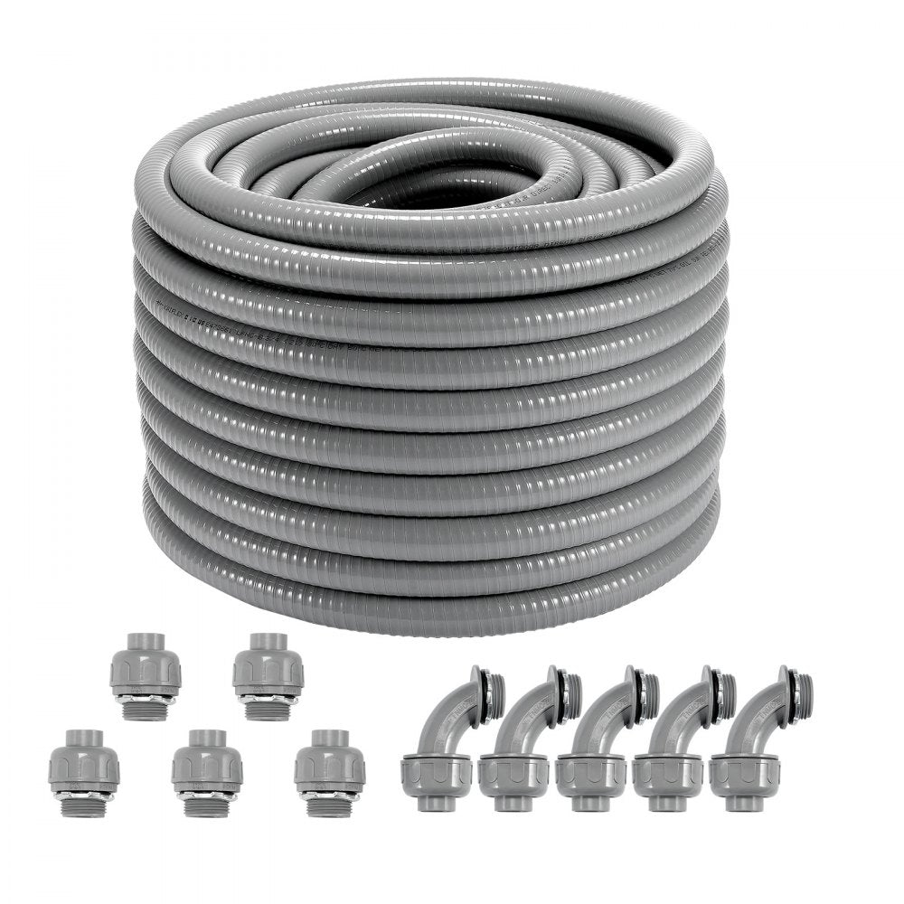 VEVOR 3/4-Inch Flexible Electrical Conduit, 100 ft, PVC Liquid-Tight Conduit Non-Metallic with 5 Straight and 5 90-Degree Conduit Connector Fittings, for Air Conditioning Motor Controller Pump, IP65