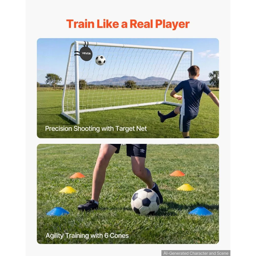 VEVOR Soccer Goal 12 x 6 FT PVC Soccer Goal for Backyard with PE Net, Portable & Weatherproof, with High-Strength Net, Target, Ground Stake, Cones, for Kids & Adults Outdoor Backyard Practice Training