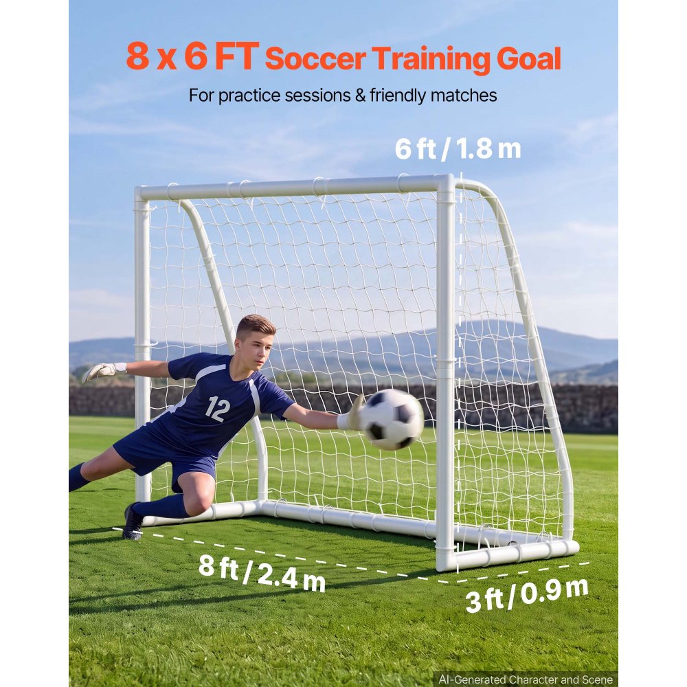 VEVOR Soccer Goal 8 x 6 FT PVC Soccer Goal for Backyard with PE Net, Portable Weatherproof Set, with High-Strength PE Net, Target, Cones, for Youth Kids & Adults Outdoor Backyard Practice Training