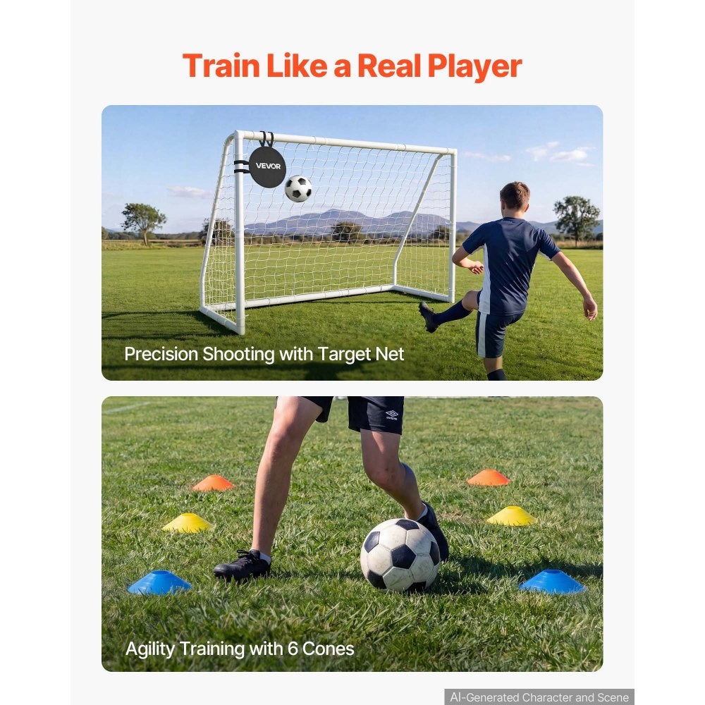 VEVOR Soccer Goal 8 x 6 FT PVC Soccer Goal for Backyard with PE Net, Portable Weatherproof Set, with High-Strength PE Net, Target, Cones, for Youth Kids & Adults Outdoor Backyard Practice Training