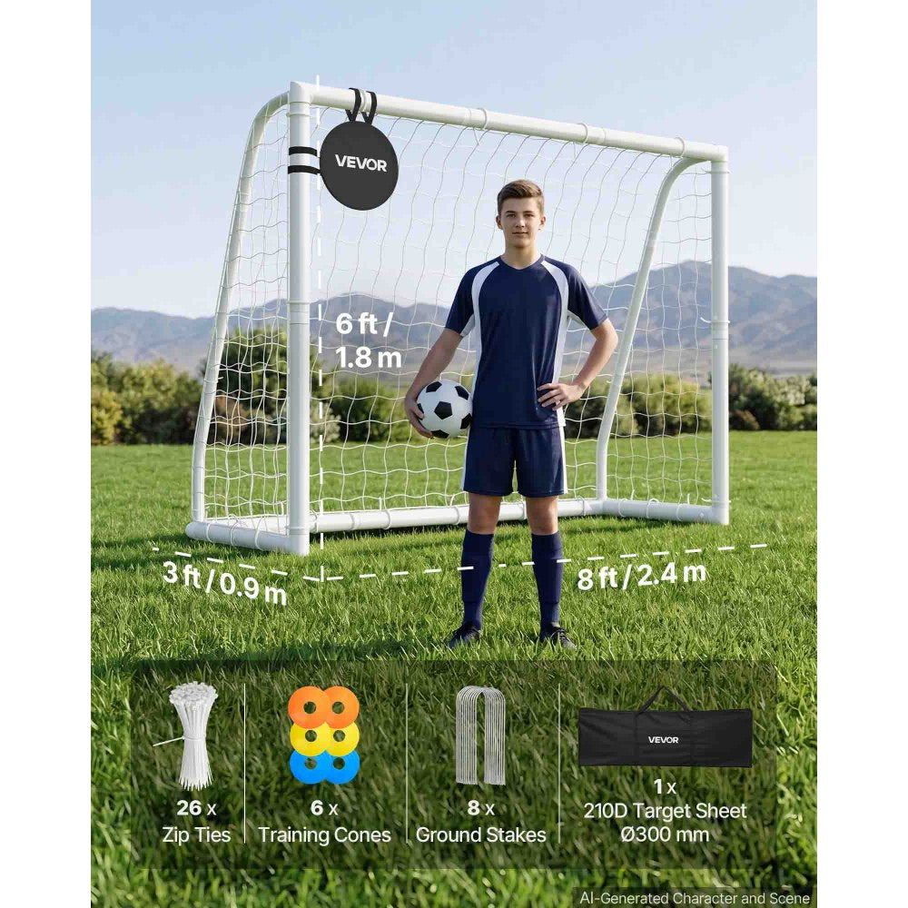 VEVOR Soccer Goal 8 x 6 FT PVC Soccer Goal for Backyard with PE Net, Portable Weatherproof Set, with High-Strength PE Net, Target, Cones, for Youth Kids & Adults Outdoor Backyard Practice Training