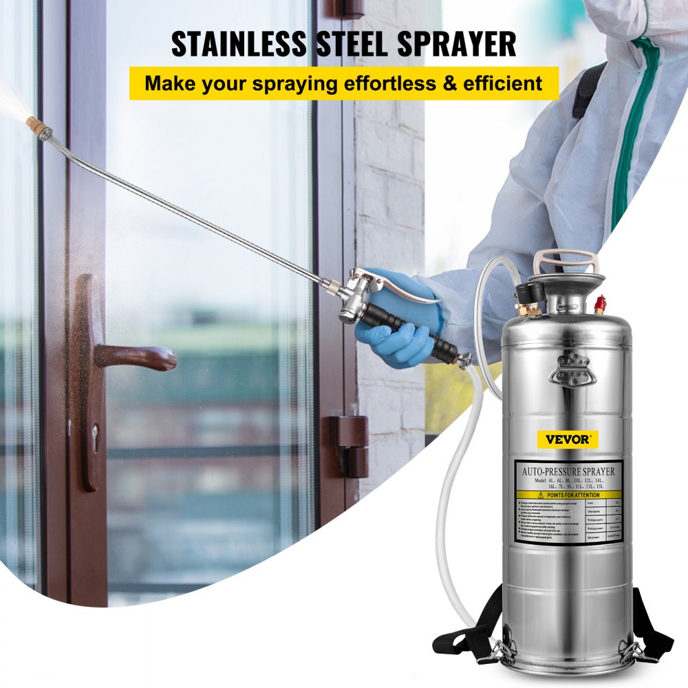 VEVOR 3.5Gal Stainless Steel Sprayer,l Set with 20\" Wand& Handle& 3FT Reinforced Hose, Hand Pump Sprayer with Pressure Gauge&Safety Valve, Adjustable Nozzle Suitable for Gardening& Sanitizing