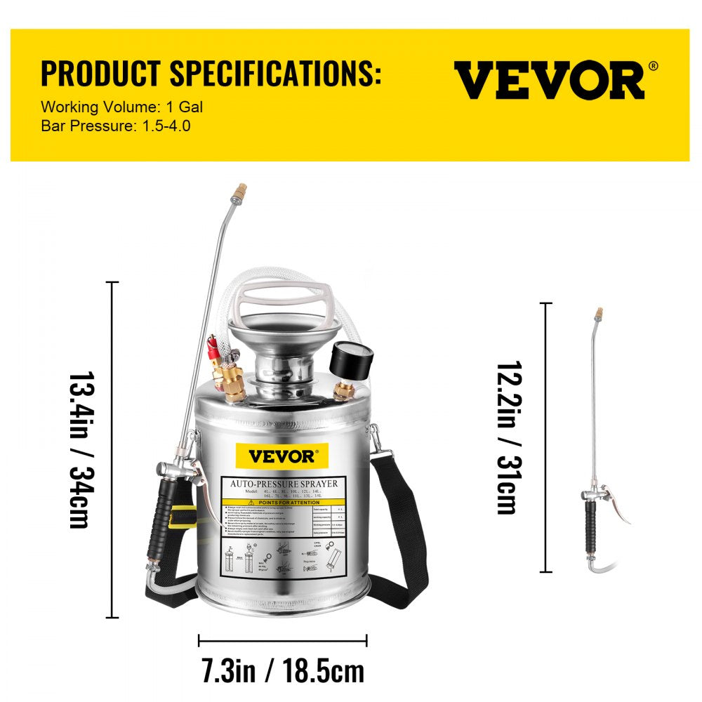 1 Gallon Stainless Steel Sprayer, 12" Wand & 3FT Reinforced Hose, Hand Pump Sprayer with Pressure Gauge, Safety Valve & Adjustable Nozzle, Garden Weed Sprayer for Lawn, Gardening, Sanitizing