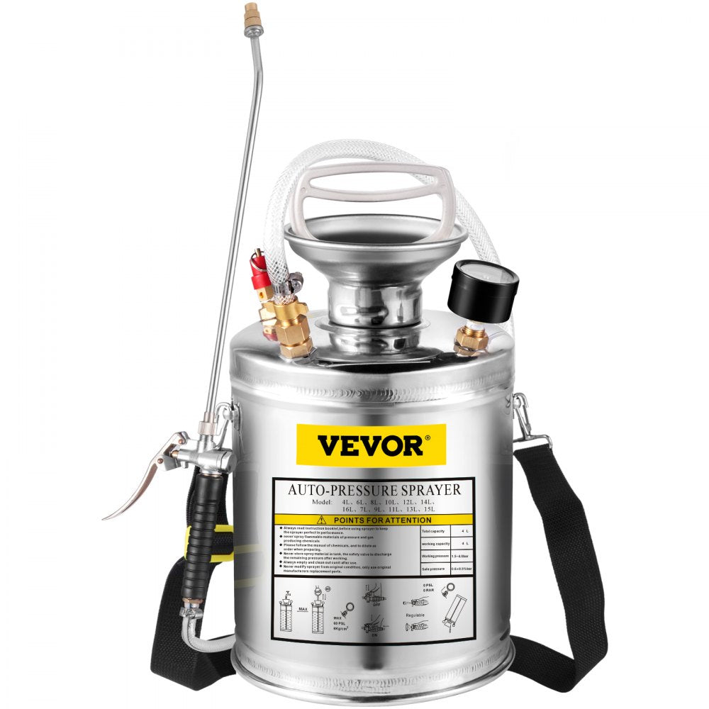 1 Gallon Stainless Steel Sprayer, 12" Wand & 3FT Reinforced Hose, Hand Pump Sprayer with Pressure Gauge, Safety Valve & Adjustable Nozzle, Garden Weed Sprayer for Lawn, Gardening, Sanitizing