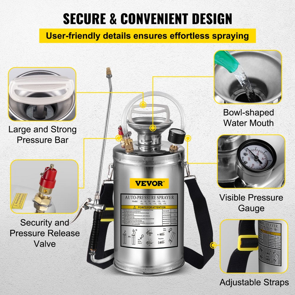 VEVOR 1.5Gal Stainless Steel Sprayer, Set with 16\" Wand& Handle& 3.3FT Reinforced Hose, Hand Pump Sprayer with Pressure Gauge&Safety Valve, Adjustable Nozzle Suitable for Gardening& Sanitizing