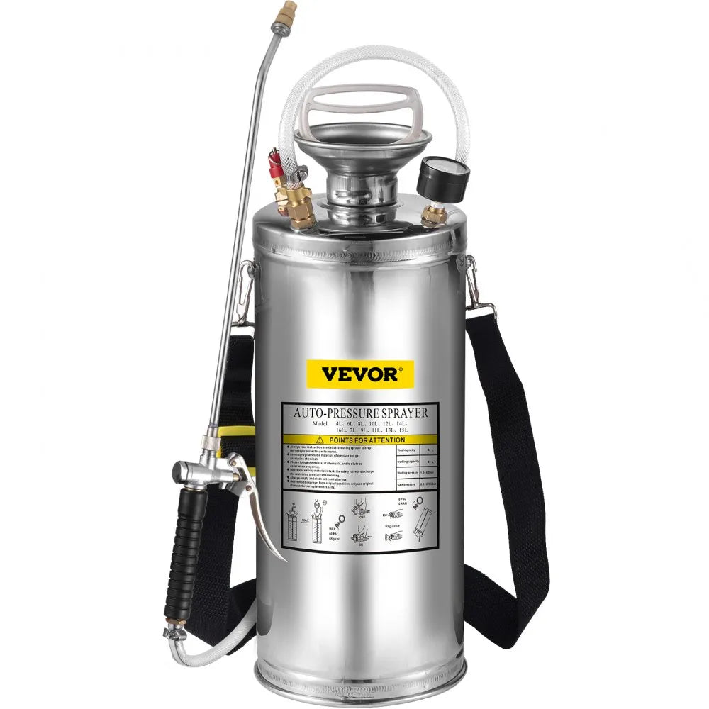 VEVOR 2Gal Stainless Steel Sprayer, Set with 20\" Wand& Handle& 3FT Reinforced Hose, Hand Pump Sprayer with Pressure Gauge&Safety Valve, Adjustable Nozzle Suitable for Gardening and Sanitizing