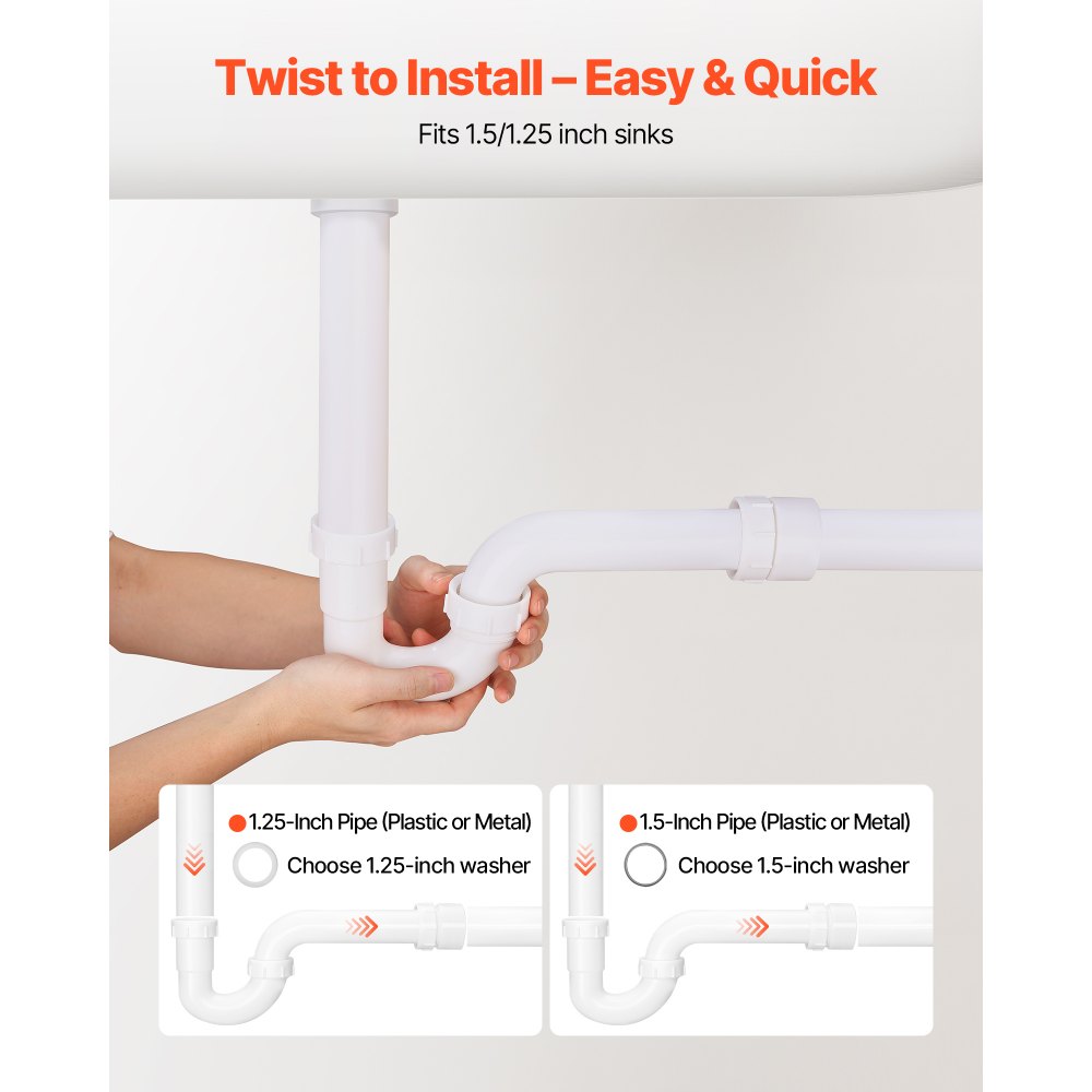 VEVOR P-Trap, 1-1/2 Inch P Trap Sink Drain Pipe Kit with Threaded Adapter and TPU Leak-Resistant Washers, PP Plastic Pipe Basin Waste Kit, Under Sink Plumbing for Kitchen Bathroom Sewer Drain, White