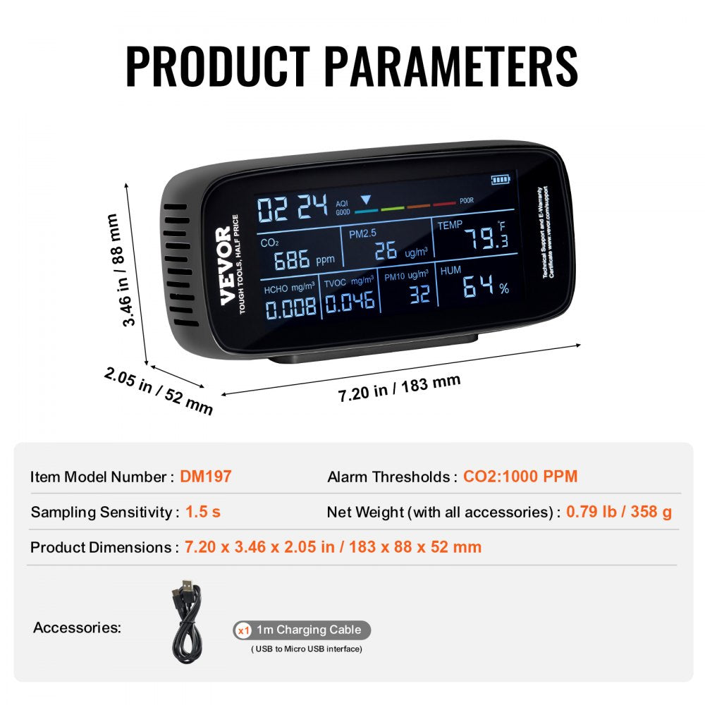 VEVOR Air Quality Monitor 9-IN-1, CO2, Temperature, Humidity, Formaldehyde TVOC AQI Tester, Professional PM2.5 PM10 PM1.0 Particle Counter for Indoor/Outdoor, Air Quality Meter  w/Alarm Thresholds