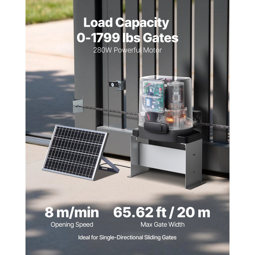 VEVOR Solar Gate Opener, 280W Electric Gate Opener for Doors up to 65.6ft 1799lbs, Chain Drive Sliding Fence Door Motor with Infrared Sensor & 2 Remote Controls, Driveway Gates Opening System