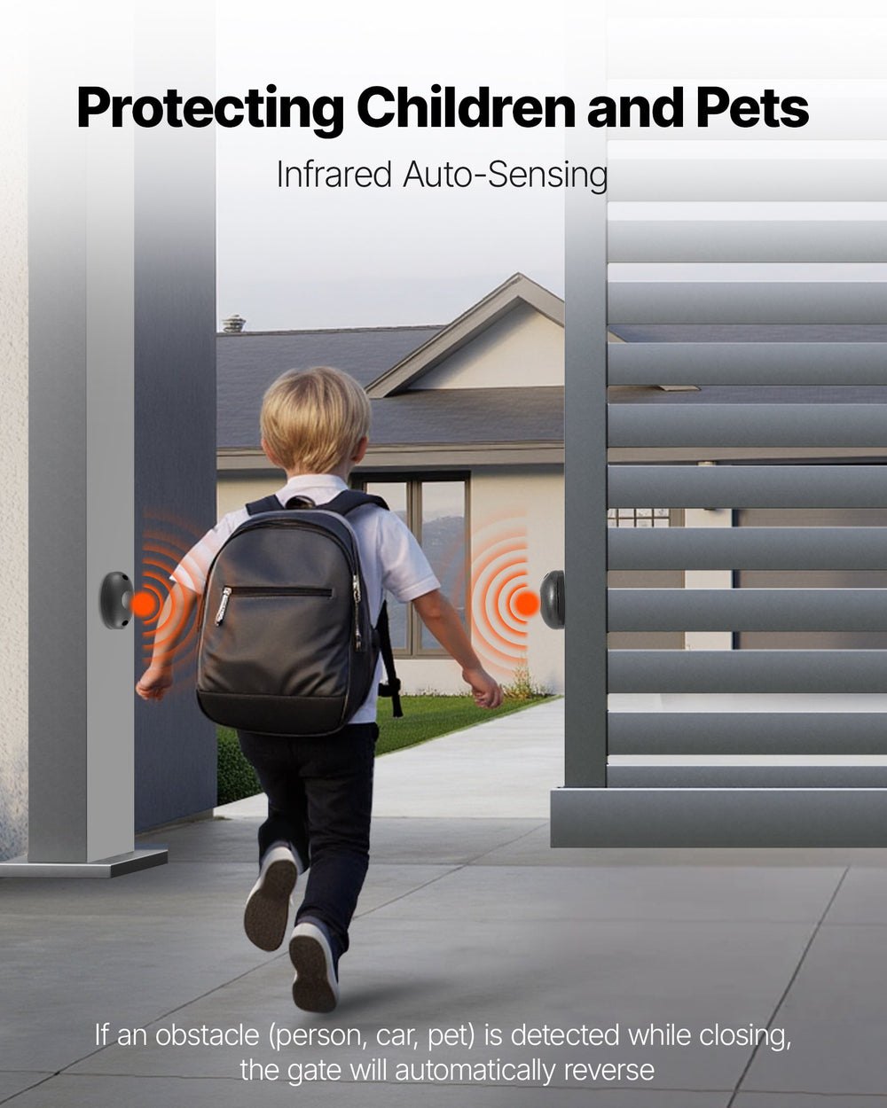 Infrared auto-sensing safety protection for children and pets (auto reverse on obstacle)