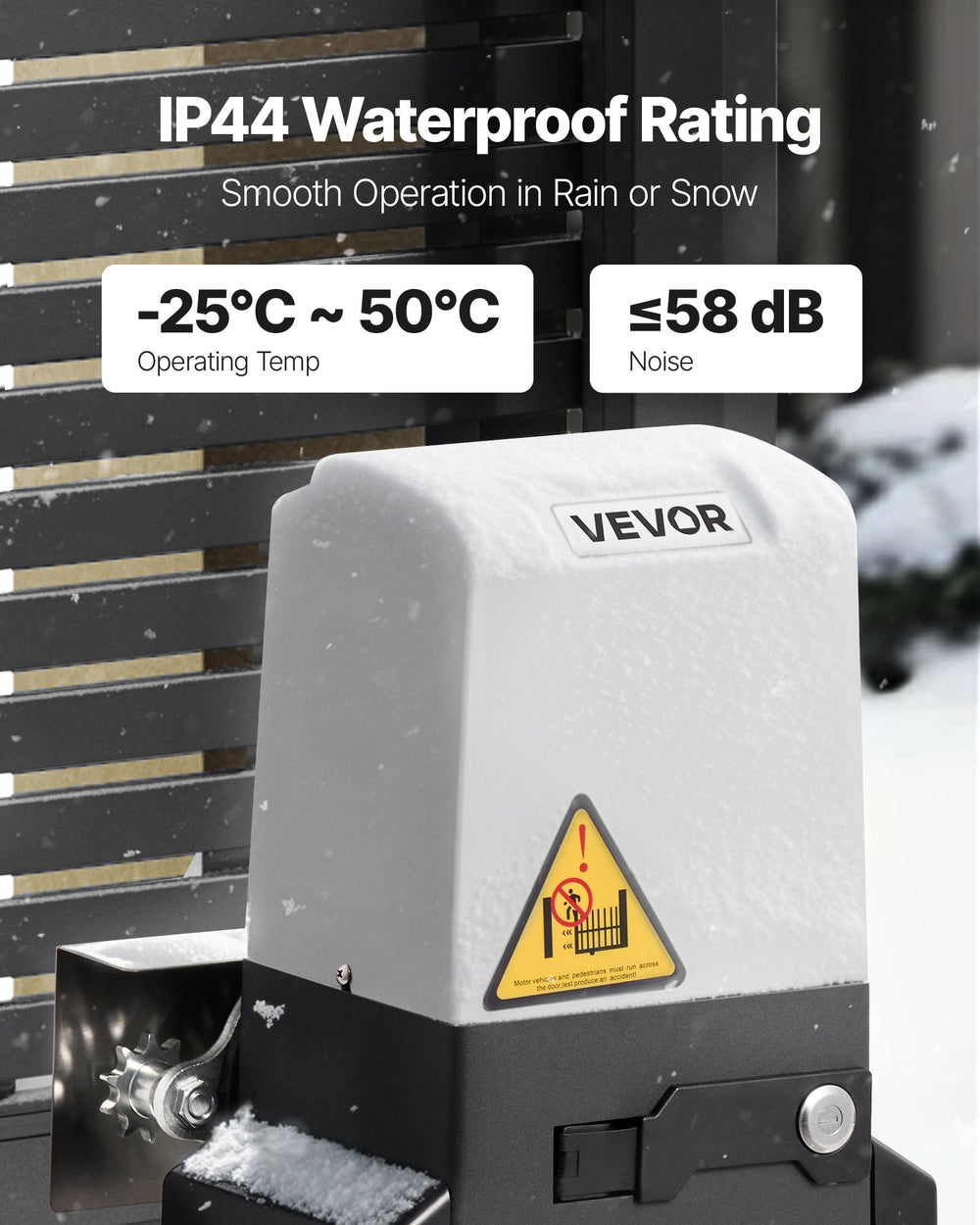 IP44 waterproof rating and operating temperature range graphic for VEVOR gate opener