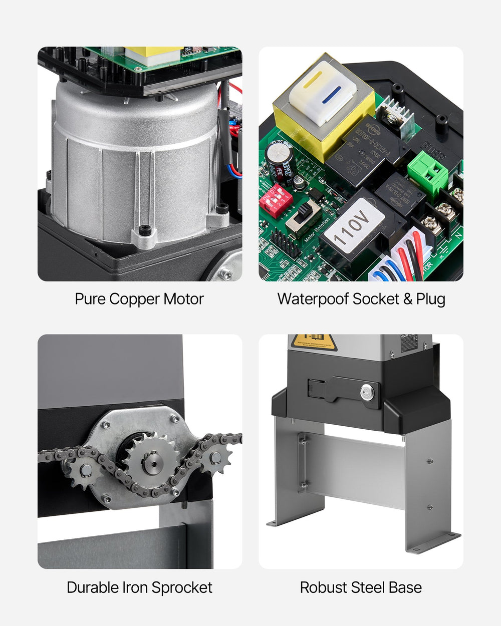 Key components: pure copper motor, waterproof socket & plug, iron sprocket, steel base