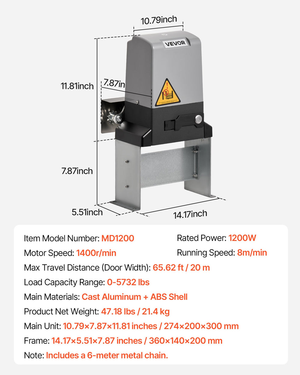VEVOR MD1200 dimensions and specification chart