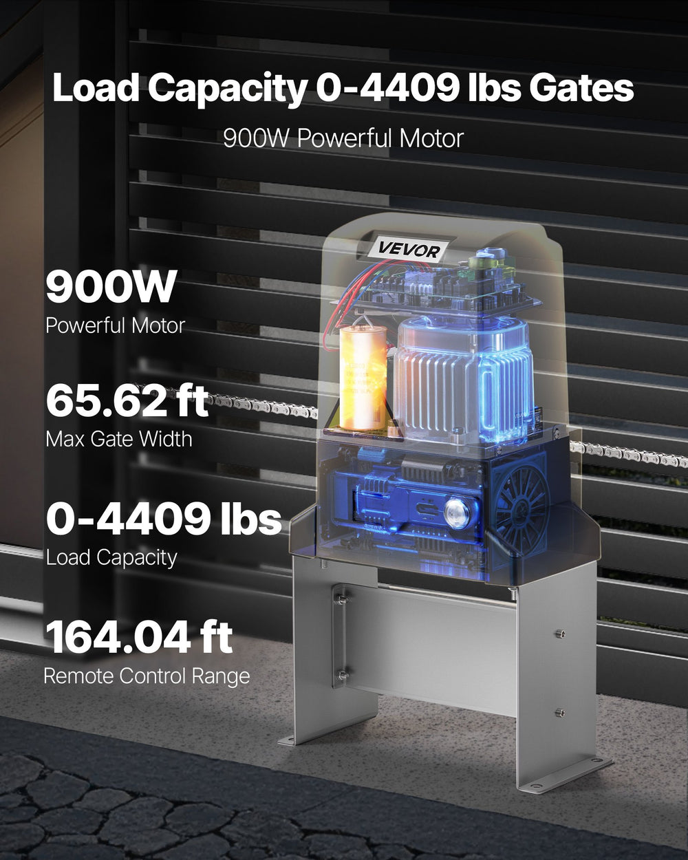 Automatic sliding gate opener load capacity and max gate width infographic (900W, 65.62 ft, 0-4409 lbs, 164.04 ft range)
