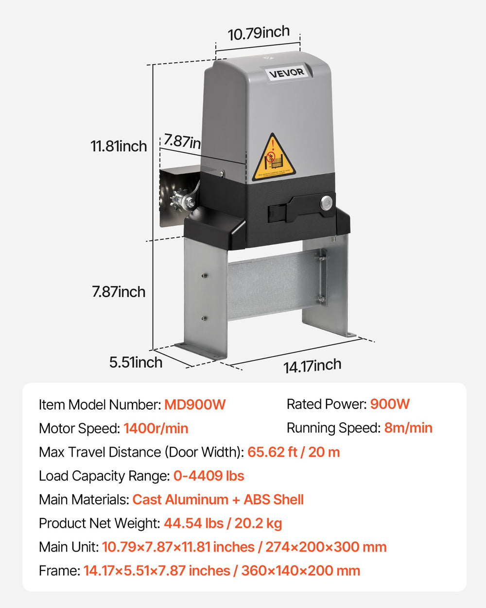 Sliding gate opener dimensions and key specifications diagram (MD900W)
