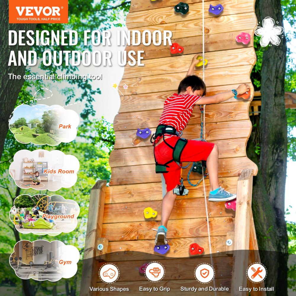 VEVOR 72 Rock Climbing Holds, Multi-Size and Multi-Colored Climbing Rocks for Kids and Adults, Rock Wall Holds with Mounting Hardware, Climbing Wall Grips for Indoor and Outdoor Playground Play Set
