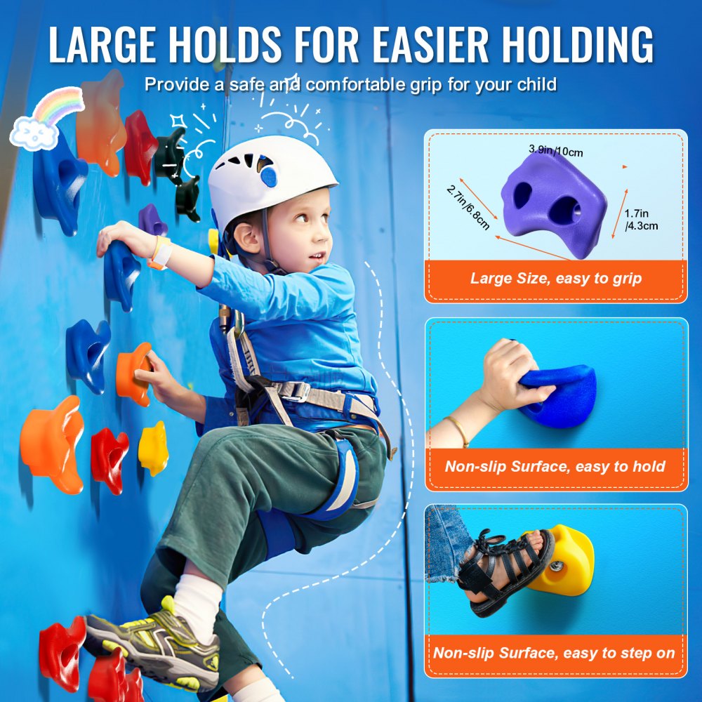 VEVOR 72 Rock Climbing Holds, Multi-Size and Multi-Colored Climbing Rocks for Kids and Adults, Rock Wall Holds with Mounting Hardware, Climbing Wall Grips for Indoor and Outdoor Playground Play Set
