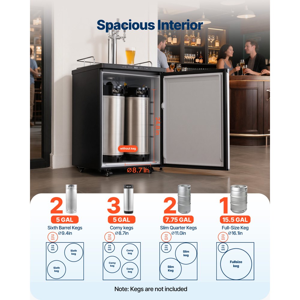 VEVOR Beer Kegerator, Triple Tap Home Draft Beer Dispenser for Ball Lock, Full Size Keg Refrigerator with 5lbs CO2 Tank, Hold 2 Sixth / 2 Slim / 3 Ball lock keg, 162L