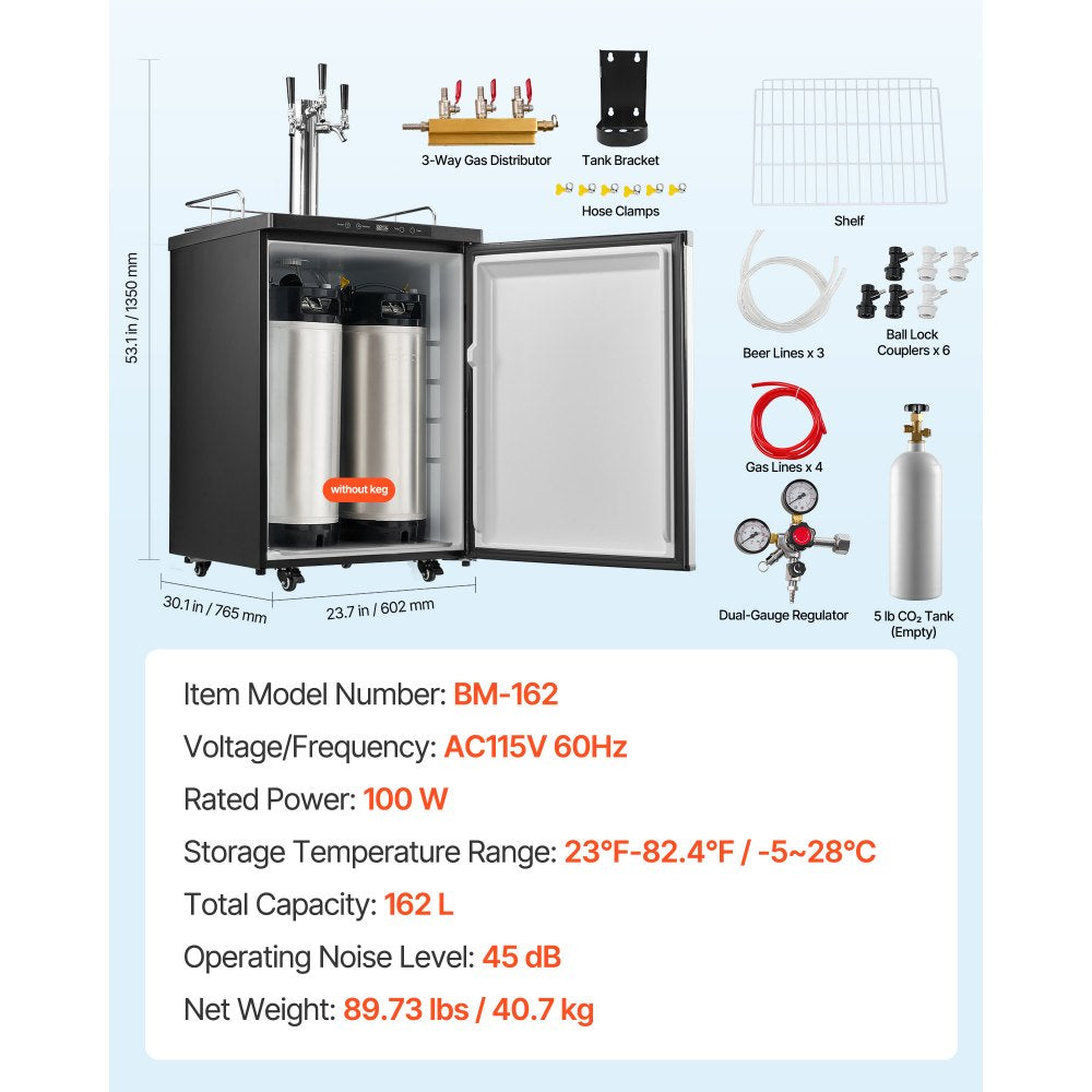 VEVOR Beer Kegerator, Triple Tap Home Draft Beer Dispenser for Ball Lock, Full Size Keg Refrigerator with 5lbs CO2 Tank, Hold 2 Sixth / 2 Slim / 3 Ball lock keg, 162L