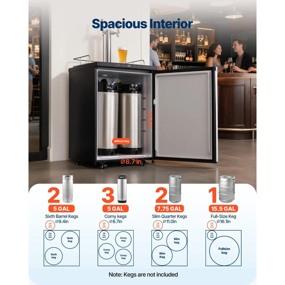 VEVOR Beer Kegerator, Dual Tap Home Draft Beer Dispenser for Ball Lock, Full Size Keg Refrigerator with 5lbs CO2 Tank, Hold 2 Sixth / 2 Slim / 3 Ball lock keg, 162L