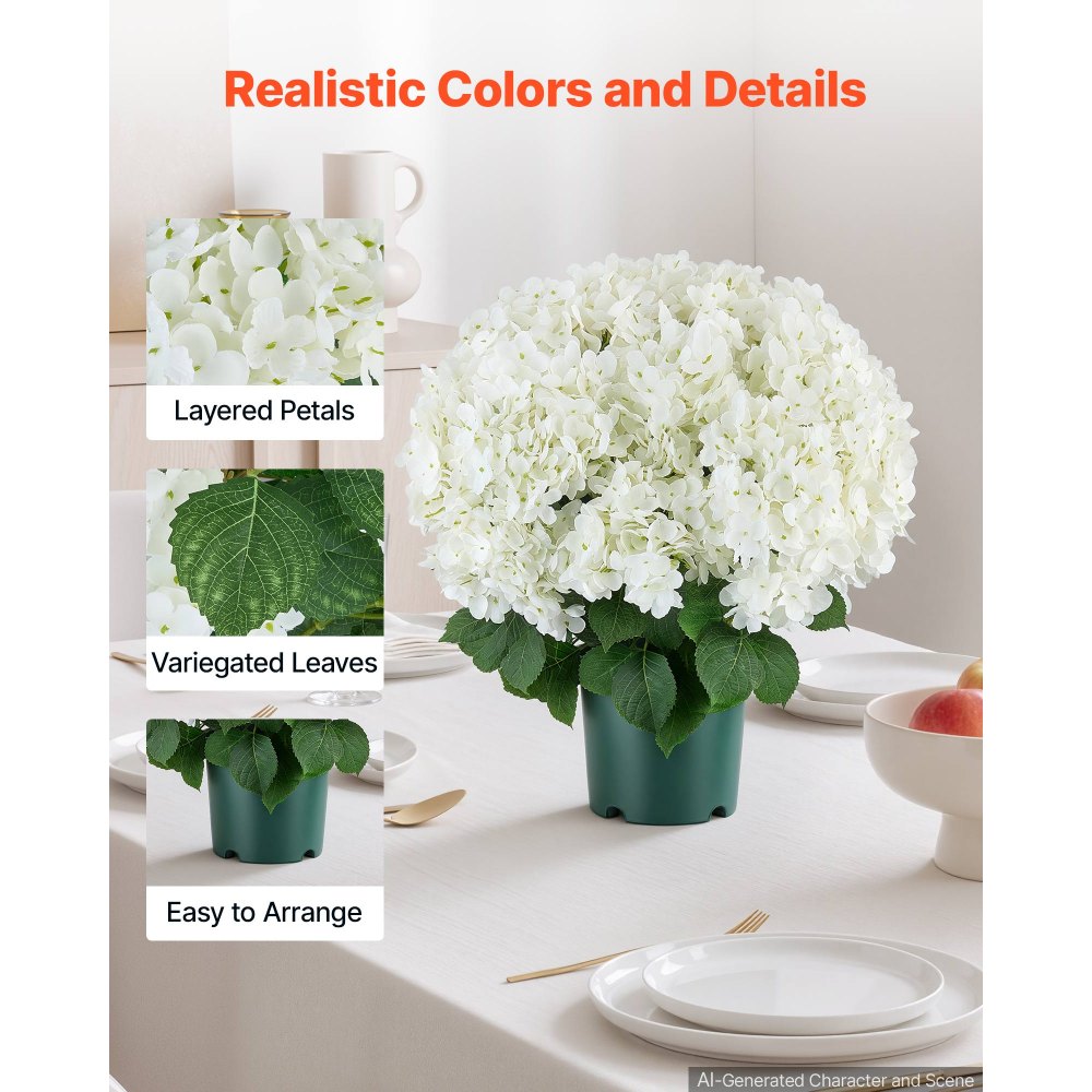 VEVOR Artificial Potted Hydrangeas 20 in 2-Pack Fake Flower Plants White, for Porch, Patio, Entryway, & Home Decor, Indoor & Outdoor Use, Silk and PE Blooms in Pots, Ready to Display Faux Plants