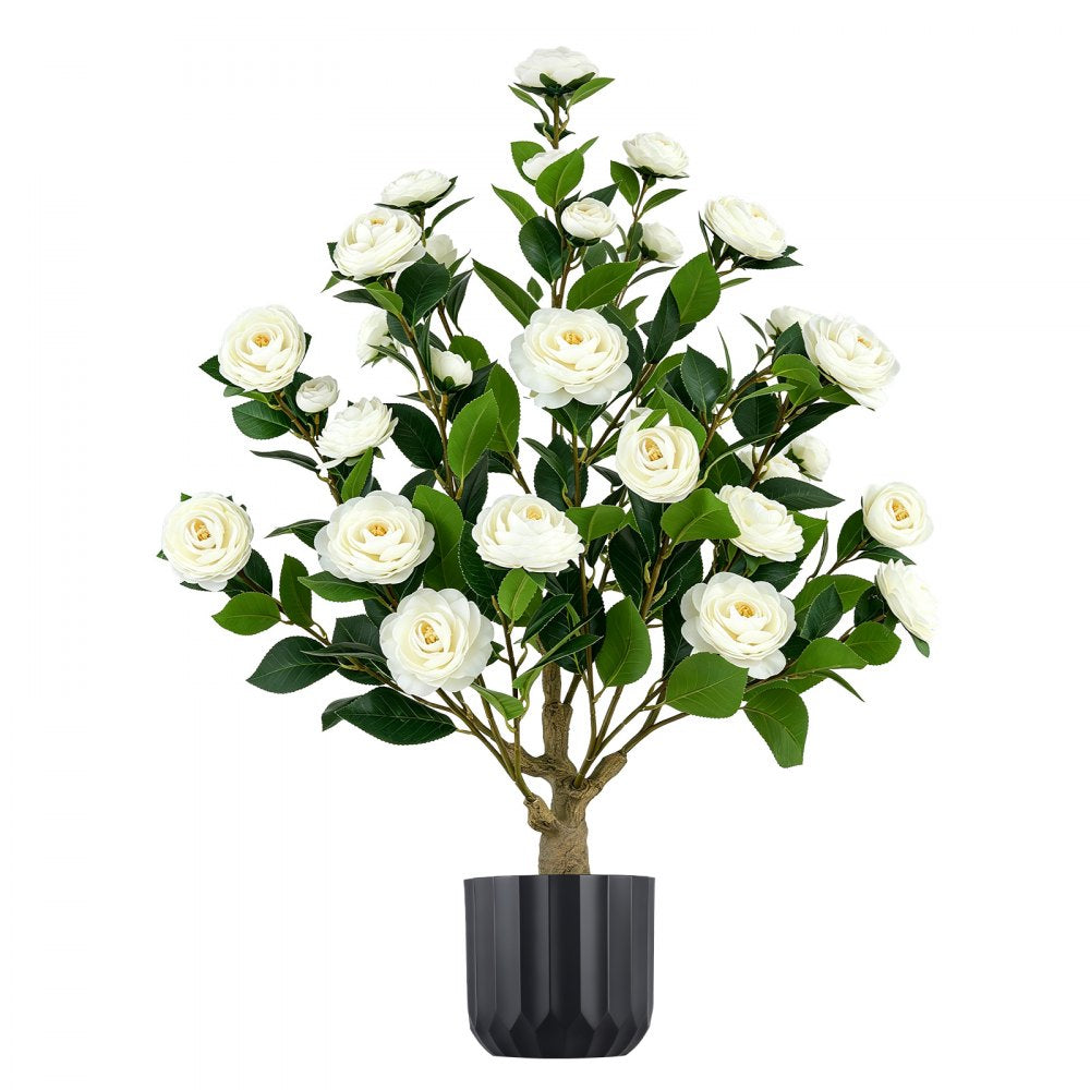 VEVOR Artificial Potted Camellias 34 in 2-Pack Fake Flower Plants White, for Porch, Patio, Entryway, & Home Decor, Indoor & Outdoor Use, Silk and PE Blooms in Pots, Ready to Display Faux Plants