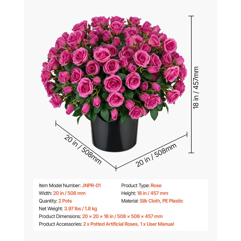 VEVOR Artificial Potted Flowers 18 in 2-Pack Fake Flower Plants Rose Red, for Porch, Patio, Entryway, & Home Decor, Indoor & Outdoor Use, Silk and PE Blooms in Pots, Ready to Display Faux Plants