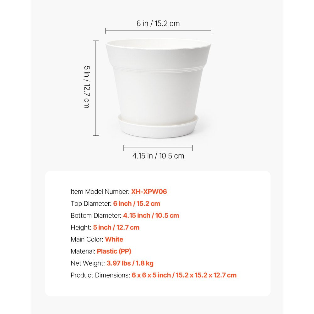 VEVOR Plastic Plant Pots, 16 Packs 6 in Durable Planters, Lightweight Nursery Pots with Drainage Holes & Detachable Saucers, Round Tapered Flower Pot for Indoor & Outdoor Plants, Home Garden Decor