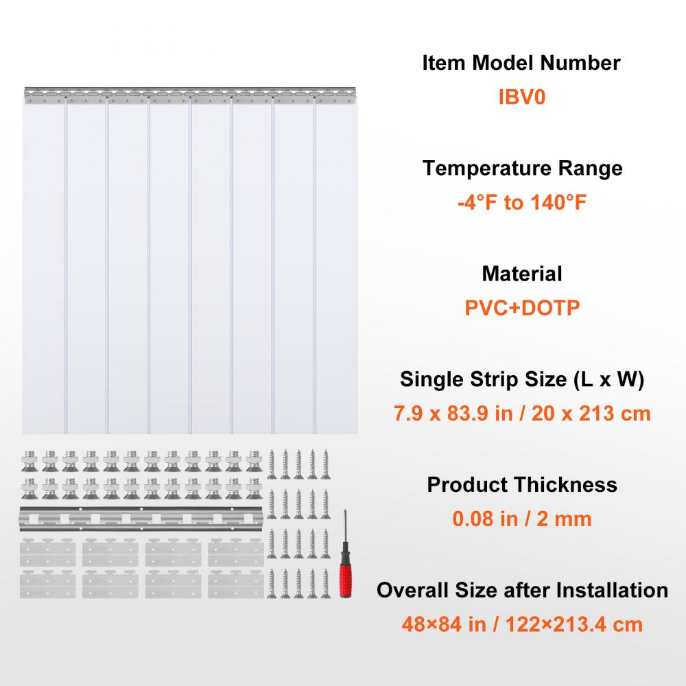 VEVOR Strip Curtain, 84" Height x 48" Width, 0.08" Thickness, 8PCS Clear PVC Strip Door Curtain, Freezer Curtain, Plastic Door Strips for Walk in Freezers, Coolers & Warehouse Doors, with 50% Overlap