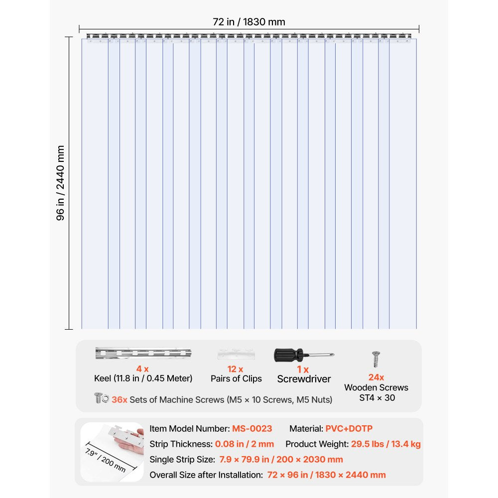 VEVOR Clear PVC Strip Curtain, 96 in Height x 72 in Width x 0.08 in Thickness, 12 PCS Walk in Freezer Cooler Curtain Strips, Smooth Waterproof Plastic Door Strips for Warehouse, Freezer, Garage Doors