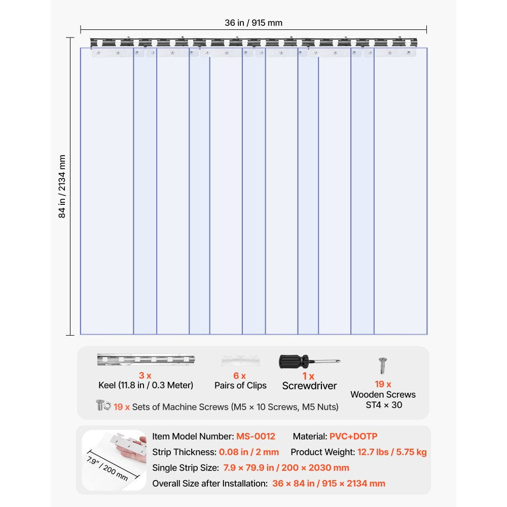 VEVOR Clear PVC Strip Curtain, 84 in Height x 36 in Width x 0.08 in Thickness, 6 PCS Walk in Freezer Cooler Curtain Strips, Smooth Waterproof Plastic Door Strips for Warehouse, Freezer, Garage Doors