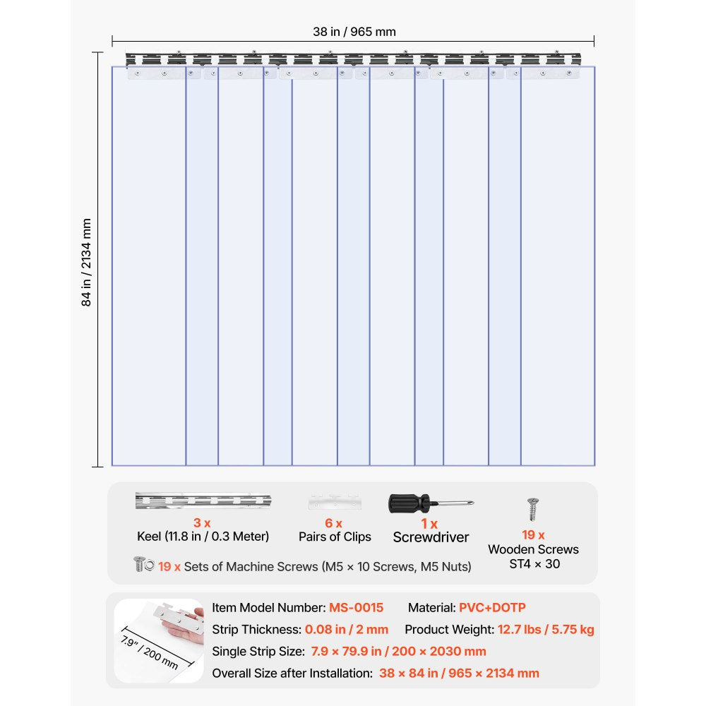 VEVOR Clear PVC Strip Curtain, 84 in Height x 38 in Width x 0.08 in Thickness, 6 PCS Walk in Freezer Cooler Curtain Strips, Thermal Insulating Plastic Door Strips for Warehouse, Freezer, Garage Doors