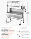 Rotisserie grill dimensions and included accessories graphic