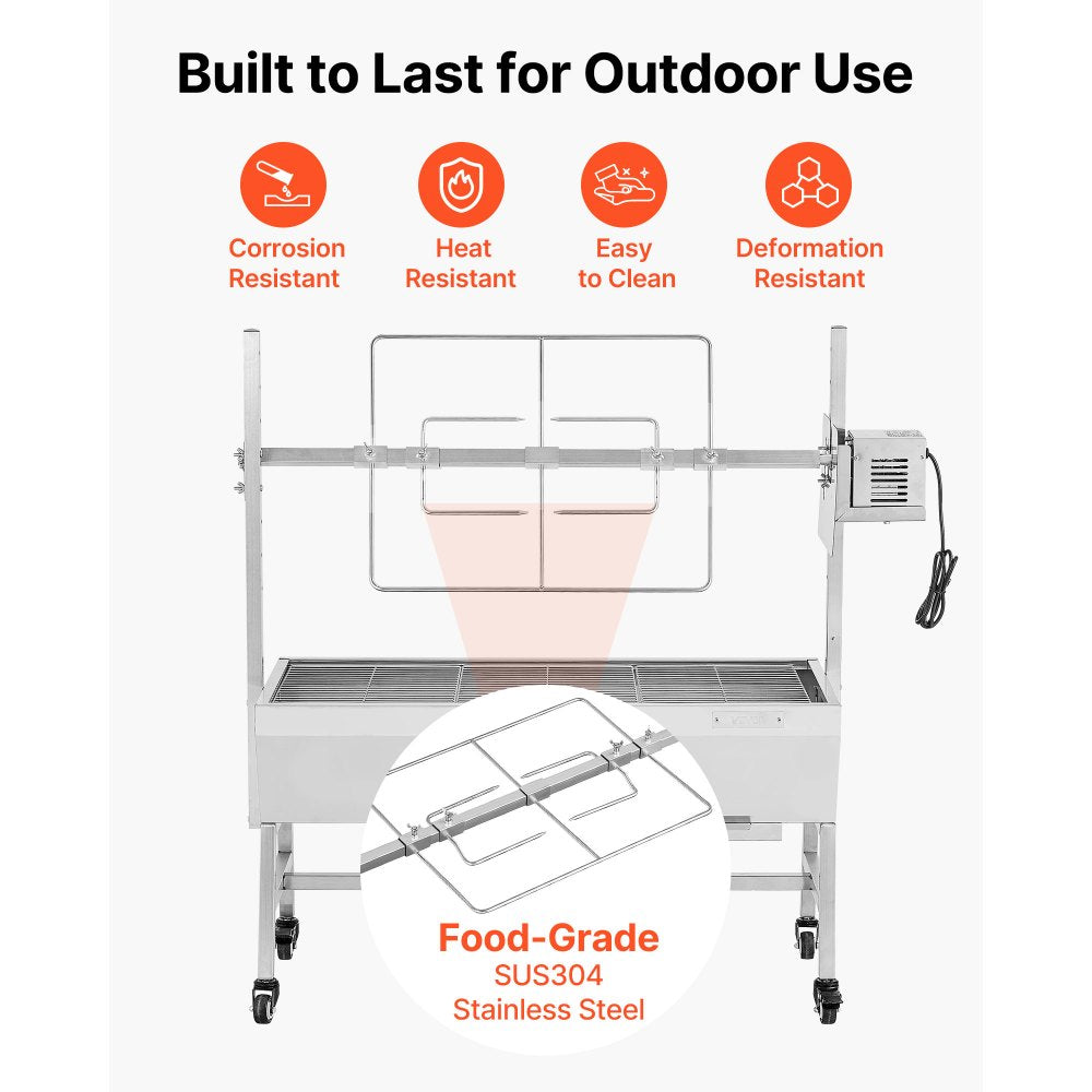 VEVOR Rotisserie Grill, 38W BBQ Outdoor Pig & Lamb Spit Roaster, Charcoal Spit Roaster with 132 LBS Capacity, Wheels & 7-Level Height, Stainless Steel Electric Rotisserie Grill Kit for Camping Outdoor