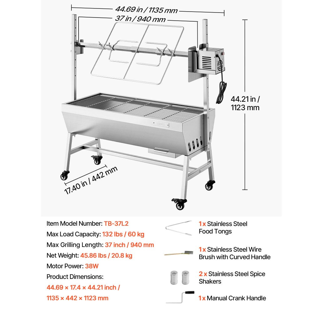 VEVOR Rotisserie Grill, 38W BBQ Outdoor Pig & Lamb Spit Roaster, Charcoal Spit Roaster with 132 LBS Capacity, Wheels & 7-Level Height, Stainless Steel Electric Rotisserie Grill Kit for Camping Outdoor