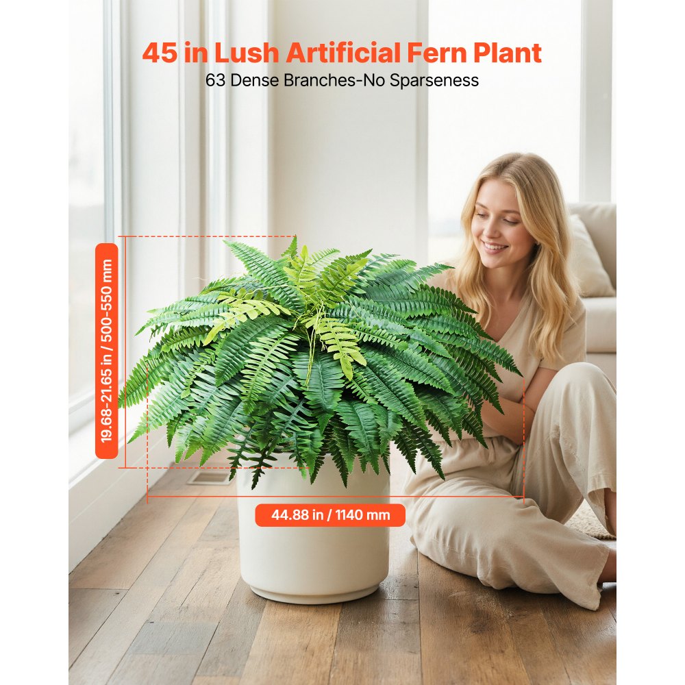 VEVOR Artificial Ferns, 45 Inch Fake Boston Fern Bush Plant with 63 Fronds, Faux Greenery for Indoor/Outdoor Decor, Silk & LDPE, Suitable for Home Porch Garden Office Living Room Planter, Set of 2