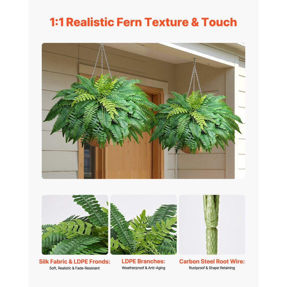 VEVOR Artificial Ferns, 45 Inch Fake Boston Fern Bush Plant with 63 Fronds, Faux Greenery for Indoor/Outdoor Decor, Silk & LDPE, Suitable for Home Porch Garden Office Living Room Planter, Set of 2