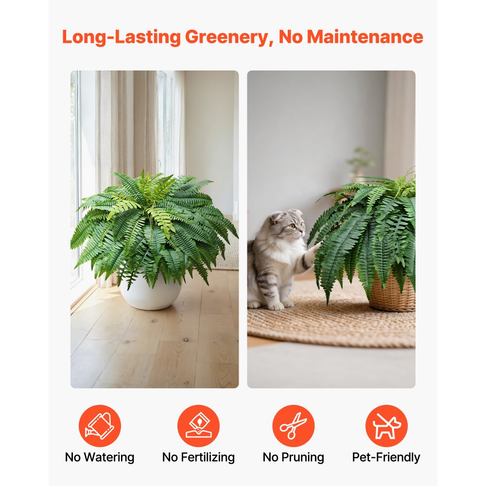 VEVOR Artificial Ferns, 45 Inch Fake Boston Fern Bush Plant with 63 Fronds, Faux Greenery for Indoor/Outdoor Decor, Silk & LDPE, Suitable for Home Porch Garden Office Living Room Planter, Set of 2