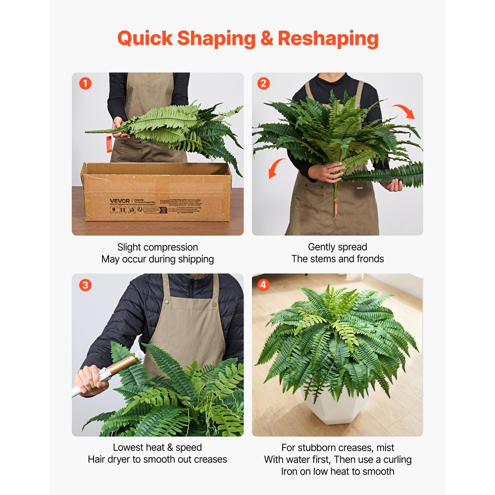 VEVOR Artificial Ferns, 48 Inch Fake Boston Fern Bush Plant with 67 Fronds, Faux Greenery for Indoor/Outdoor Decor, Silk & LDPE, Suitable for Home Porch Garden Office Living Room Planter, Set of 2