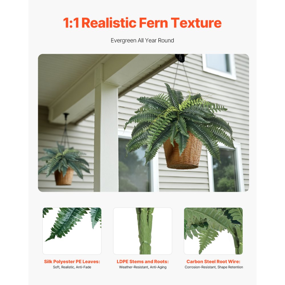 VEVOR Artificial Ferns 2 Pcs, Natural Spread Diameter 31-34 Inch, Large Hanging Artificial Boston Ferns, Fake Plant Wall Decor with 30 Branches, Faux Fern for Home and Office (Flowerpot Unincluded)