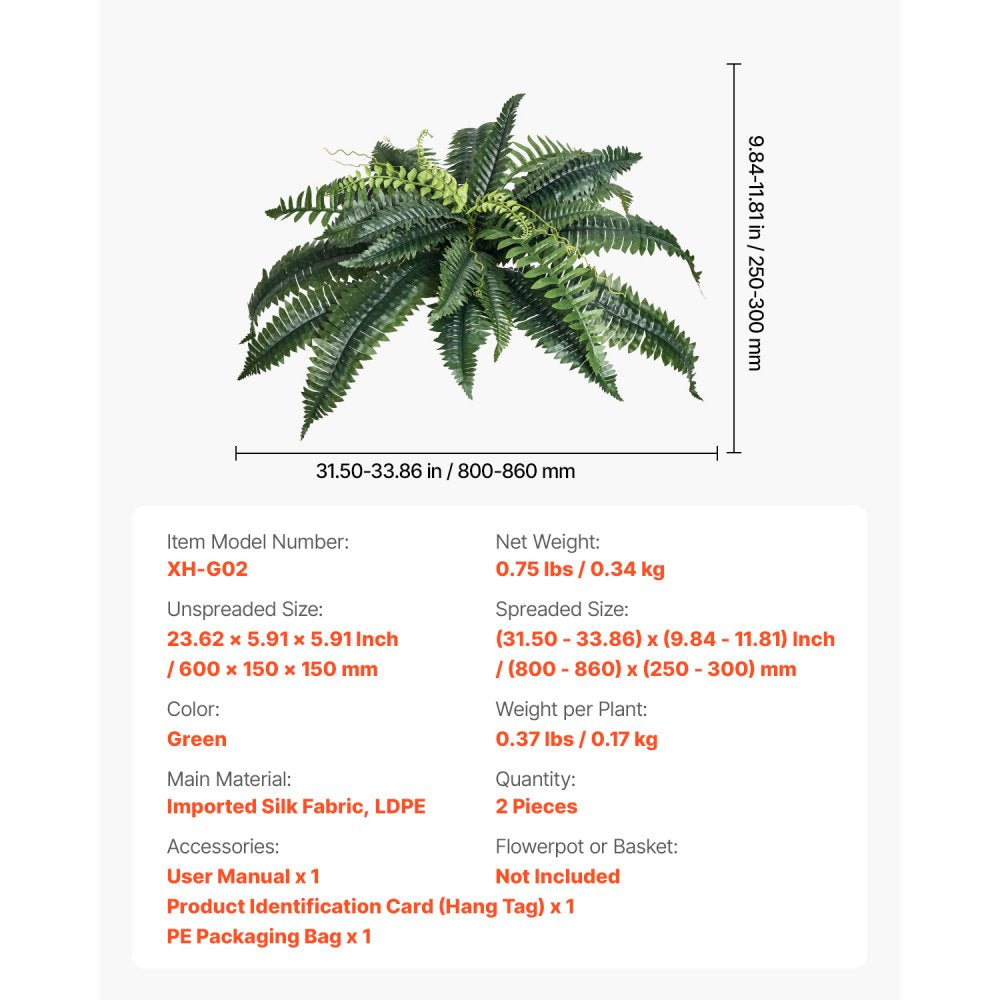 VEVOR Artificial Ferns 2 Pcs, Natural Spread Diameter 31-34 Inch, Large Hanging Artificial Boston Ferns, Fake Plant Wall Decor with 30 Branches, Faux Fern for Home and Office (Flowerpot Unincluded)