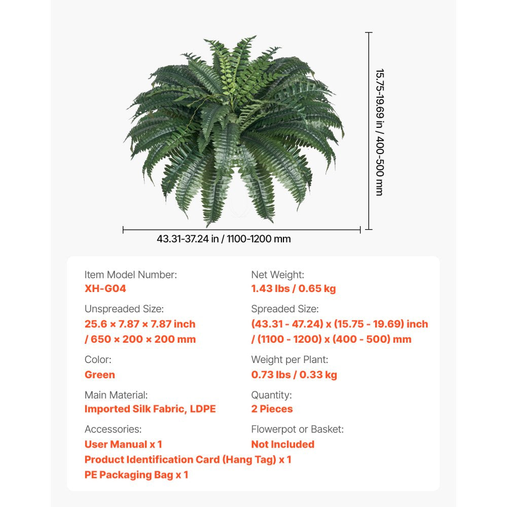 VEVOR Artificial Ferns 2 Pcs, Natural Spread Diameter 43-47 Inch, Large Hanging Artificial Boston Ferns, Fake Plant Wall Decor with 50 Branches, Faux Fern for Home and Office (Flowerpot Unincluded)