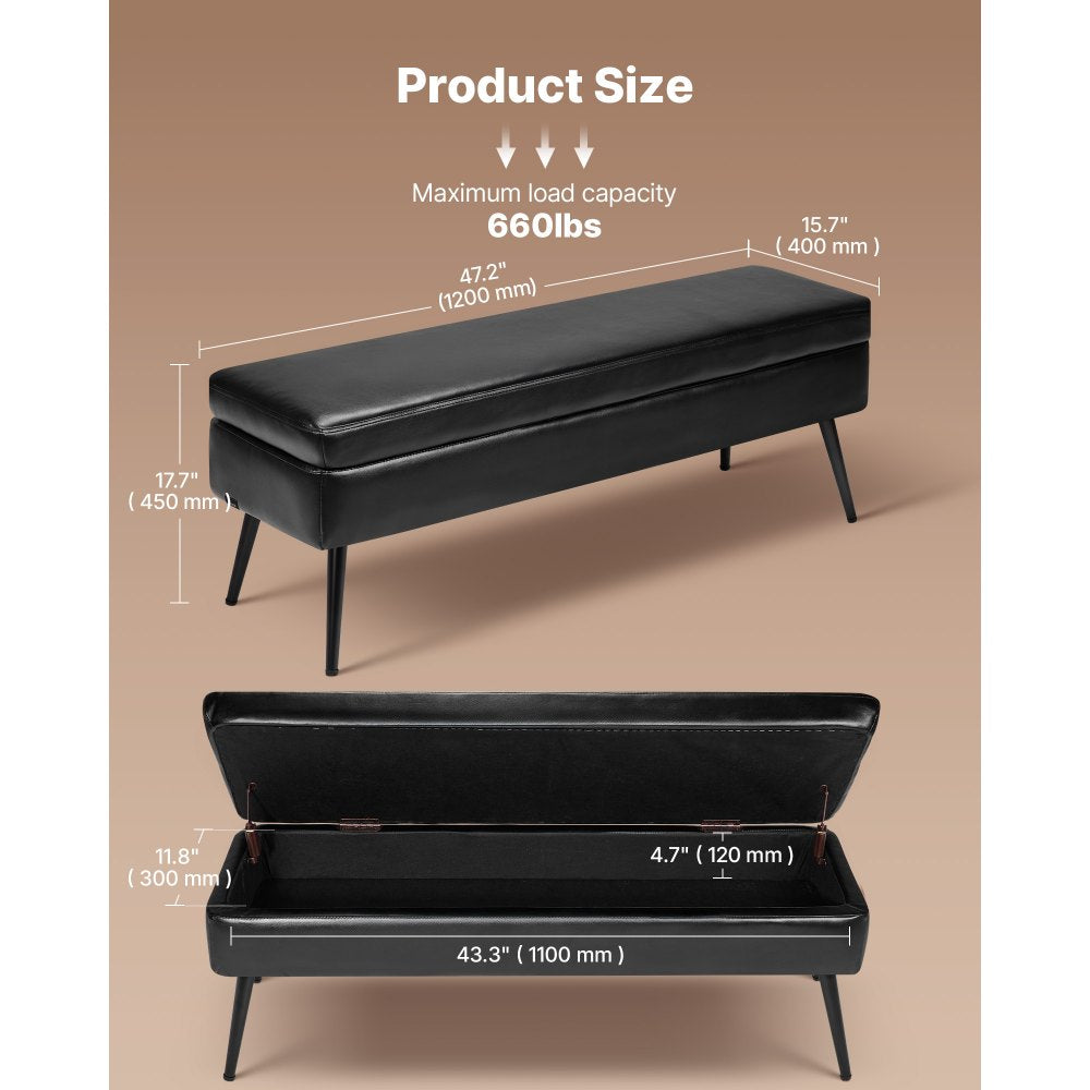 VEVOR Leather Storage Ottoman Bench, PU Leather Bench with Storage and Metal Legs, Modern Shoe Benches Seat for Entryway, Upholstered End of Bed Benches for Living Room, Dining Room, Hallway, Black