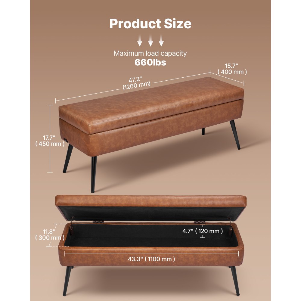 VEVOR Leather Storage Ottoman Bench, PU Leather Bench with Storage and Metal Legs, Modern Shoe Benches Seat for Entryway, Upholstered End of Bed Benches for Living Room, Dining Room, Hallway, Brown