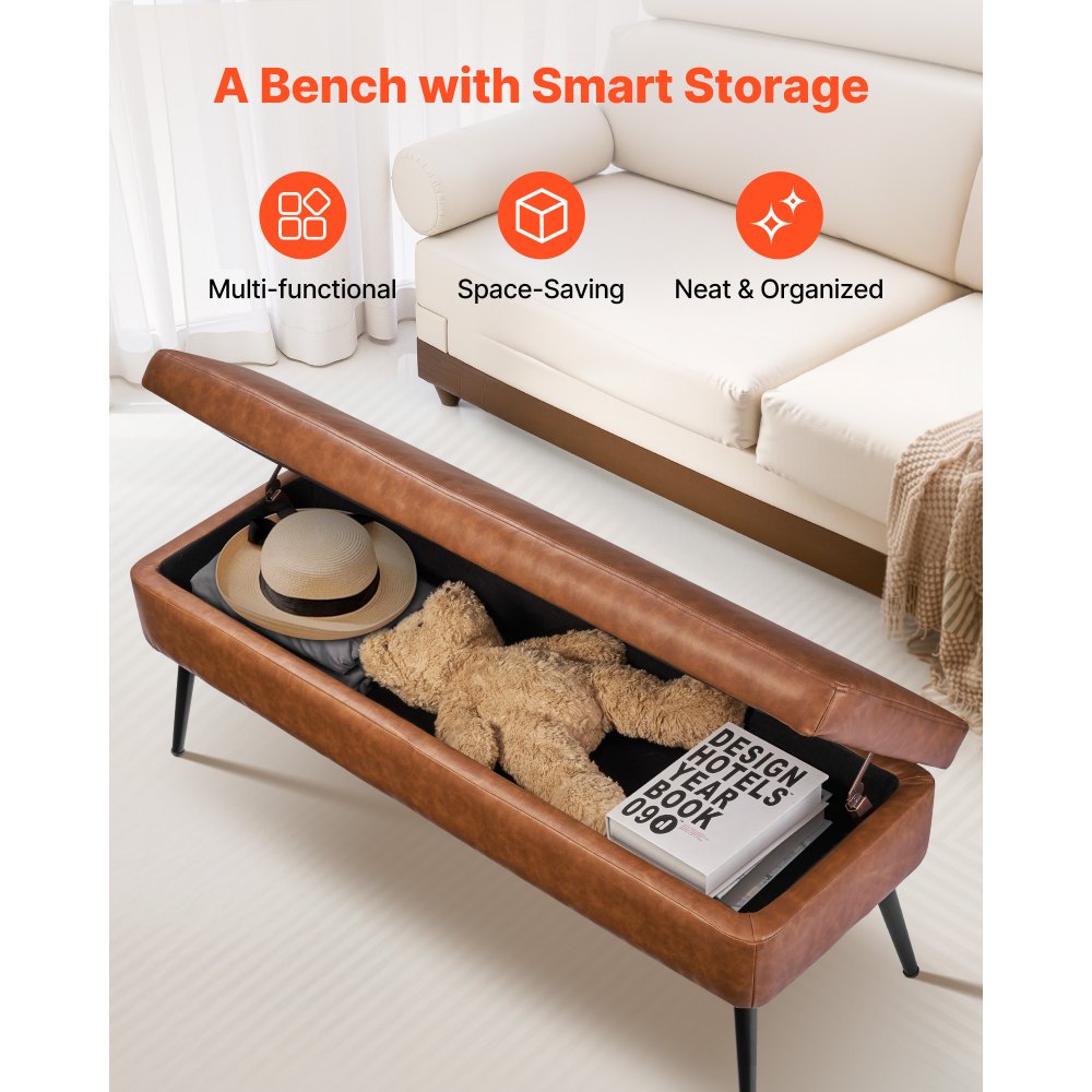 VEVOR Leather Storage Ottoman Bench, PU Leather Bench with Storage and Metal Legs, Modern Shoe Benches Seat for Entryway, Upholstered End of Bed Benches for Living Room, Dining Room, Hallway, Brown